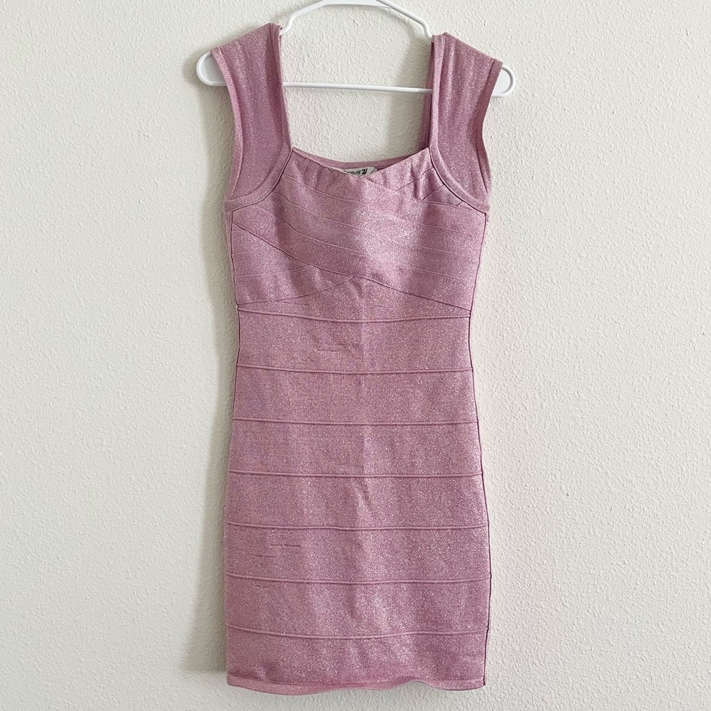Forever 21 Sparkle Glitter Metallic Pink Bandage Bodycon Dress Size Medium